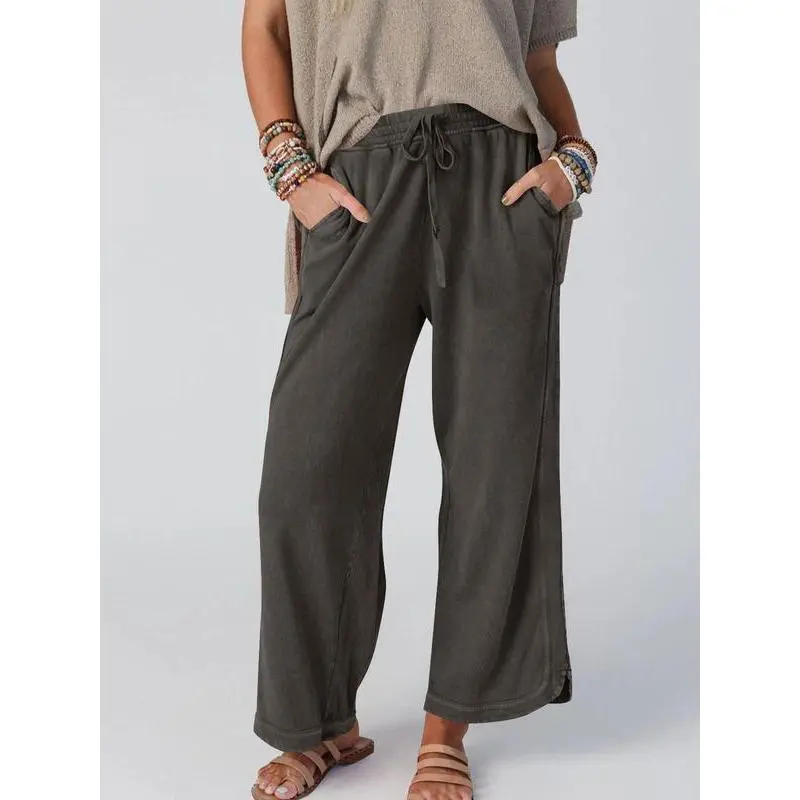 Women's casual wide leg sports pants, high waisted loose acid washed pants, drawstring sports pants with pockets