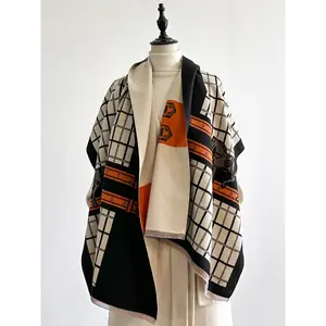 Women’s Fashion Elegant Plaid Scarf, Faux Wool Shawl, Windproof Reversible Wrap, Double-Sided Scarf, Warm Accessory for Autumn and Winter, Everyday Wear