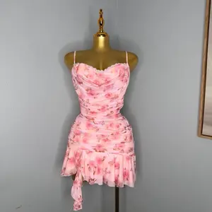 Elegant Pink Floral Spaghetti Strap Dress with Ruffle Hem for Women