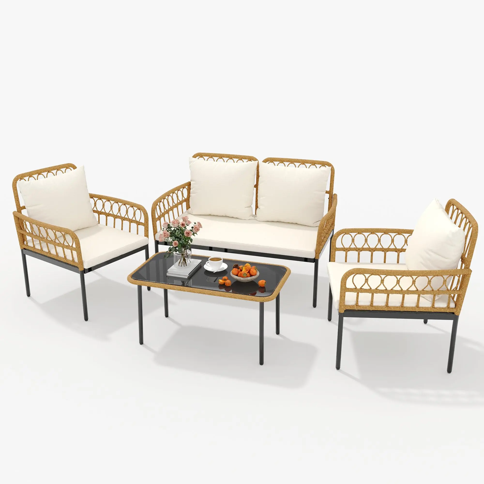 4 Pieces Outdoor Patio Furniture Set with Table, Rattan Patio Set, Comfortable Rattan Sofa and Chairs, Rattan Furniture for Garden, Terrace, Porch, Balconies, Lawns