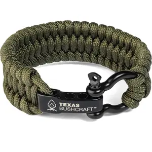 Texas Bushcraft Firecraft Cord Survival Bracelet – Paracord Bracelet with Bow Shackle for Camping and Emergency – 3 Extra Strands Include Wax Thread, Tinder, and Fishing Line