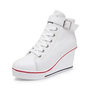 2024NewWomenWedgeHighTopCanvasShoesWomen'sDenimAnkleLaceUpLadiesAnkleCanvasShoesWomanWedgesSneakers8cmHeels