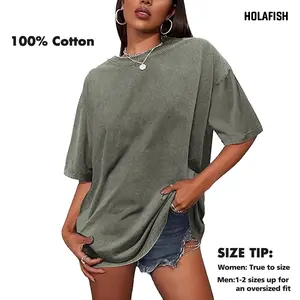 Holafish Acid Washed Women's T-Shirt Half Short Sleeves Casual Loose Fit, Cotton Tee with Crew Neck, Machine Washable, Streetwear Basic Tops