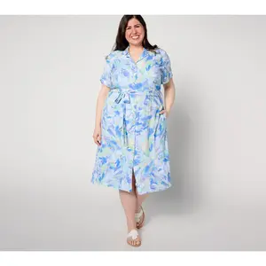 Side Stitch Short-Sleeve Button-Front Midi Dress - Aqua Bloom