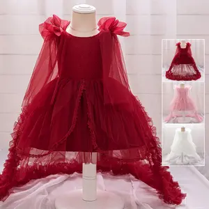 6M-3Y Dark Pink 131 Anniversary Baby Girls Clothes Infant Trailing Skirt Mesh Lace Ball Gown Birthday Cocktail Dress Toddler Pageant Newborn Ball Gown Princess Baptism Frock