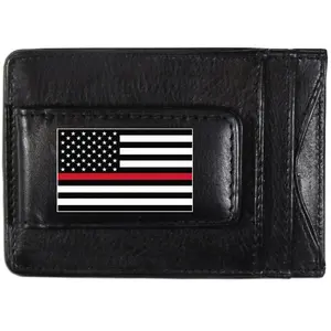 212 MAIN Men's Leather Blend Cash & Cardholder - Slim Fit, Magnetic Clip, Window Slot, Flag Print, Military Patriotic Thin Red Line Firefighter Themed Slim Wallet