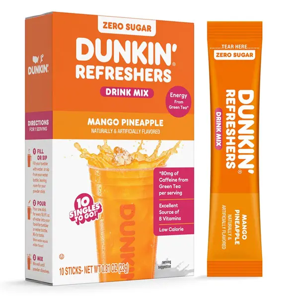 Dunkin’ Zero Sugar Refreshers Singles To Go! Powdered drink mix packets, Peach Passionfruit Lemonade,10 packets per box Energy from Green Tea, aspartame-free, no synthetic colors, naturally and artificially flavored, just add water