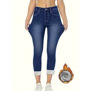 1pc Women's Thermal Insulated Fleece-Lined High-Stretch Skinny Jeans - Winter Pants with Fleece Lining, Wash Blue, Straight Leg Fit, Heavy-Duty Stitching & Elegant Washed Texture for Office, Streetwear & Everyday Winter Wear - Warm & Durable Blue Jeans fo