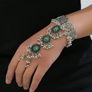 Boho Vintage Alloy Handmade Studded Finger Chain Bracelet - 1pc with Green Accents and Decorative Elements