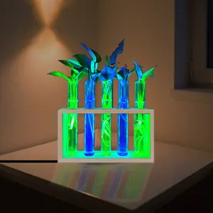 Hydroponic glass tube LED light Blue + Green, wooden glass basin, plant growth decorative item USB, 1Set