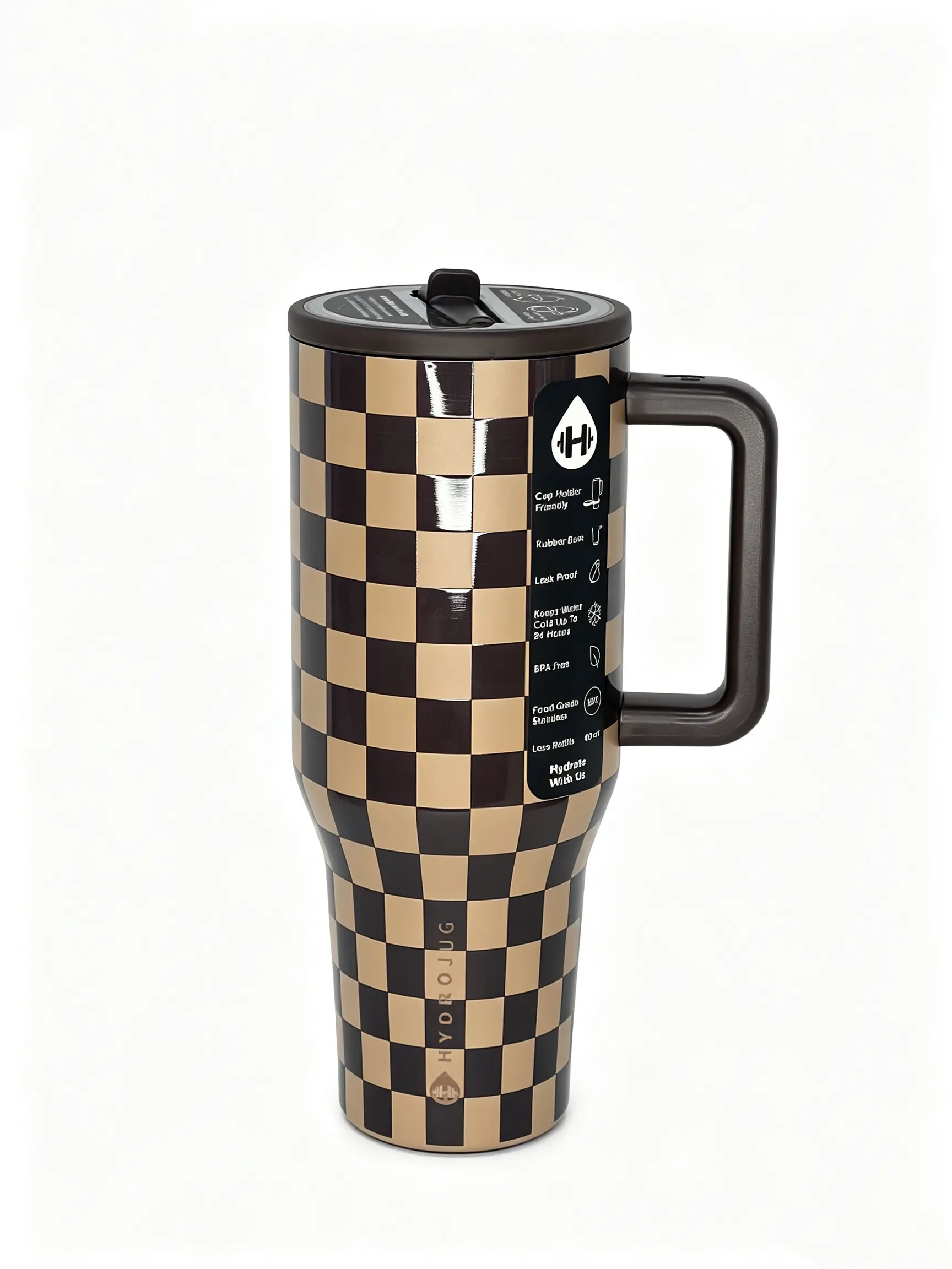 HydroJug Coffee Plaid 40oz Stainless Water Bottles ! A portable, insulated tumbler complete with a straw, featuring a leak-proof design and a non-slip rubber base. An ideal choice for dates, school, sports, travel, and outdoor adventures. Steel