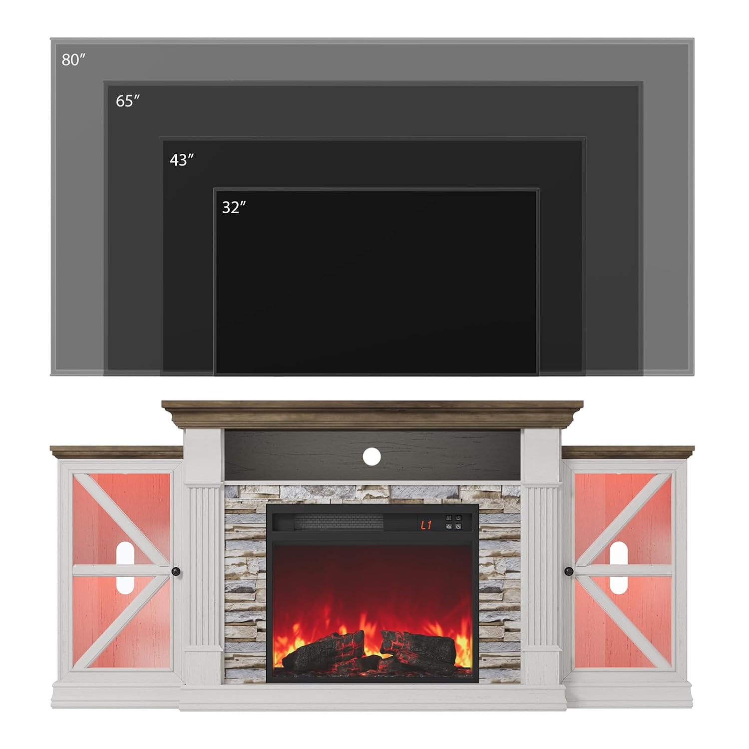 Electric Fireplace TV Stand, 70" Farmhouse Entertainment Center with Open Shelf and Glass Barn Door Cabniet, Modern, Customized