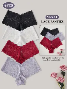 Women Lace Briefs 4 Pack, Sexy Feminine Panties, Elegant Ootd Style, Maternity Postpartum Gift, Fitted Casual Plain Design