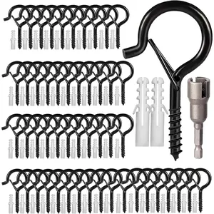 52 Pack Black Heavy Duty Screw Hooks for Outdoor String Lights, Hanging Plants, LED Party Lights, Garage Wind Chimes, Q Shape Ceiling Hanger with Safety Buckle, Comes with Box and Wing Nut Driver