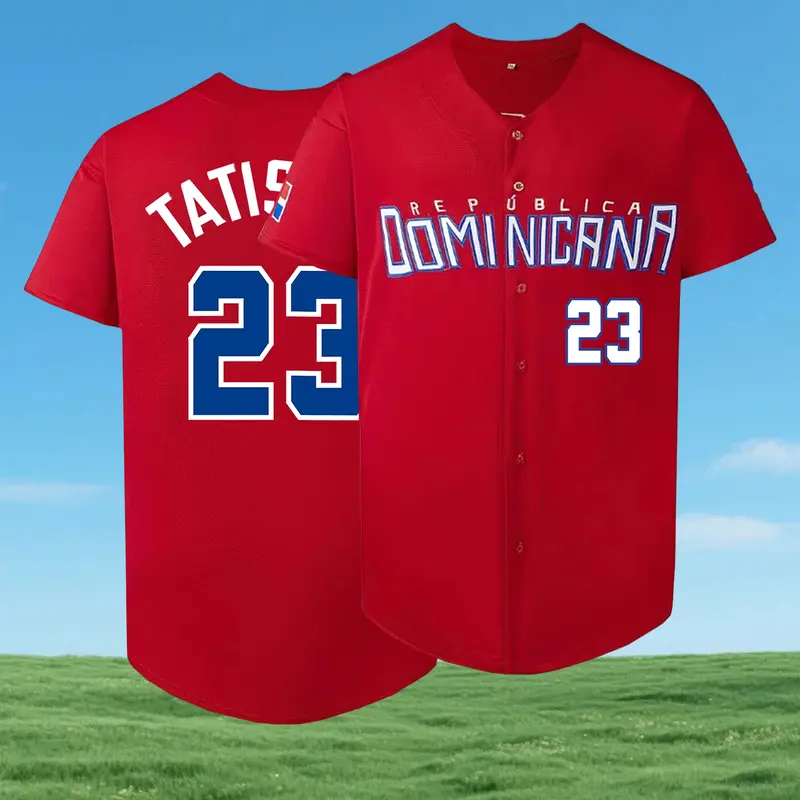 Men's "DOMINICANA 22" Button-Front Embroidered Baseball Jersey, Letter and Number Stitched Casual Loose V-Neck Short-Sleeve Top, Baseball Shirt for Fall and Winter, Baseball Apparel, Sports Wear, Sportswear Clothing