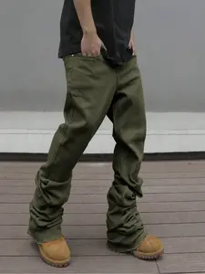 Men's Olive Green Frayed Wide-Leg Denim Jeans, Loose Pleated Style, Full of Street Trend Streetwear, Menswear, Pants!