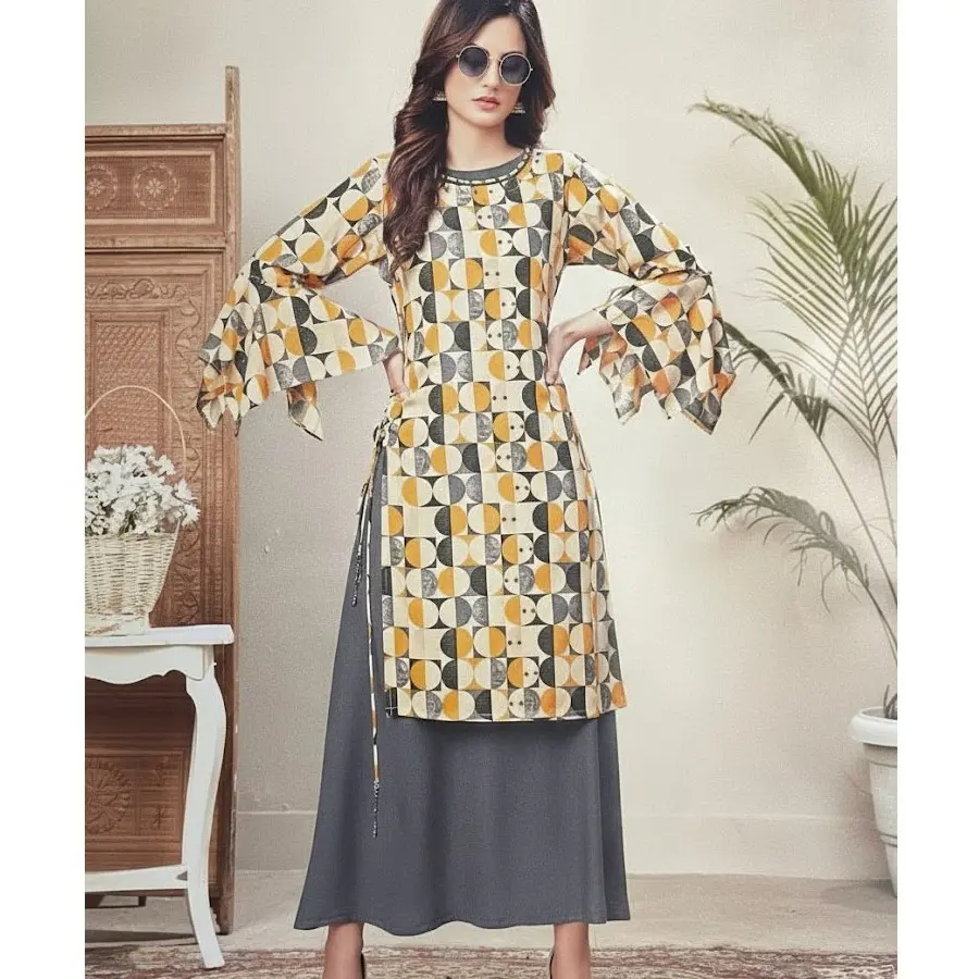 #Dot-2 Geometric Bell-Sleeve Kurti with Maxi Skirt (Mustard/Grey)