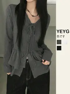 Korean-Style Ins Spring Elegant Fit Adjustable Drawstring V-Neck Double-Layer Ruffle Single-Button Long-Sleeve T-Shirt Knit Top Womenswear for Women