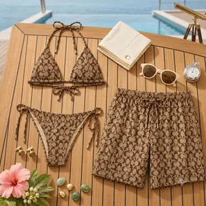 Luxury Monogram Matching Couple Swimsuit Set Women Halter Triangle Bikini Top Tie Side Bottom + Men Board Shorts Brown Designer Print Beach Vacation Pool Party Summer Gift 2026