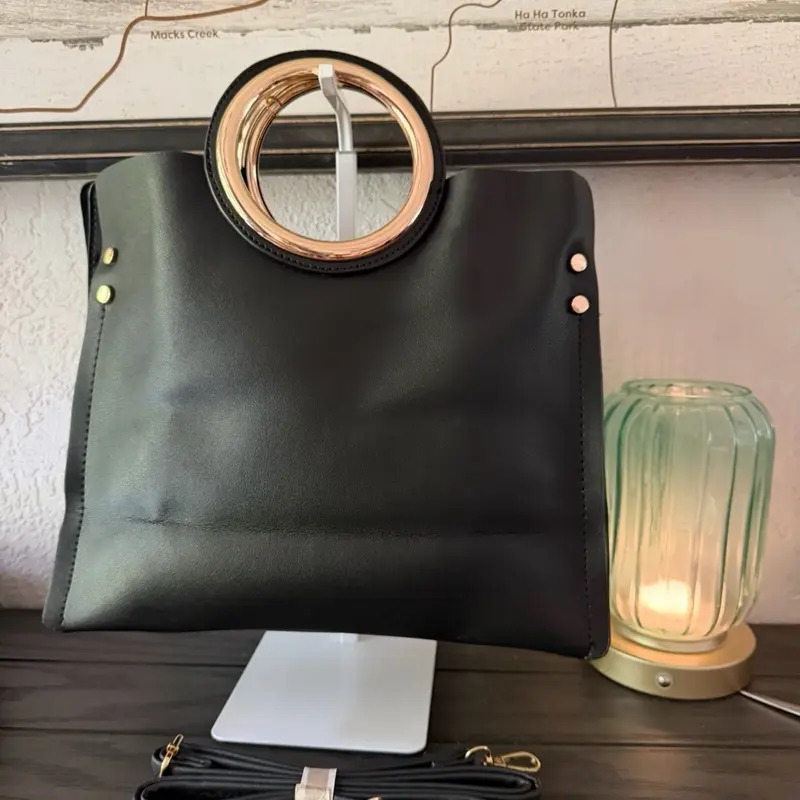 New Universal Thread Women's Soft Faux Leather Square Ring Handle Tote Bag with Detachable Crossbody Strap, Black