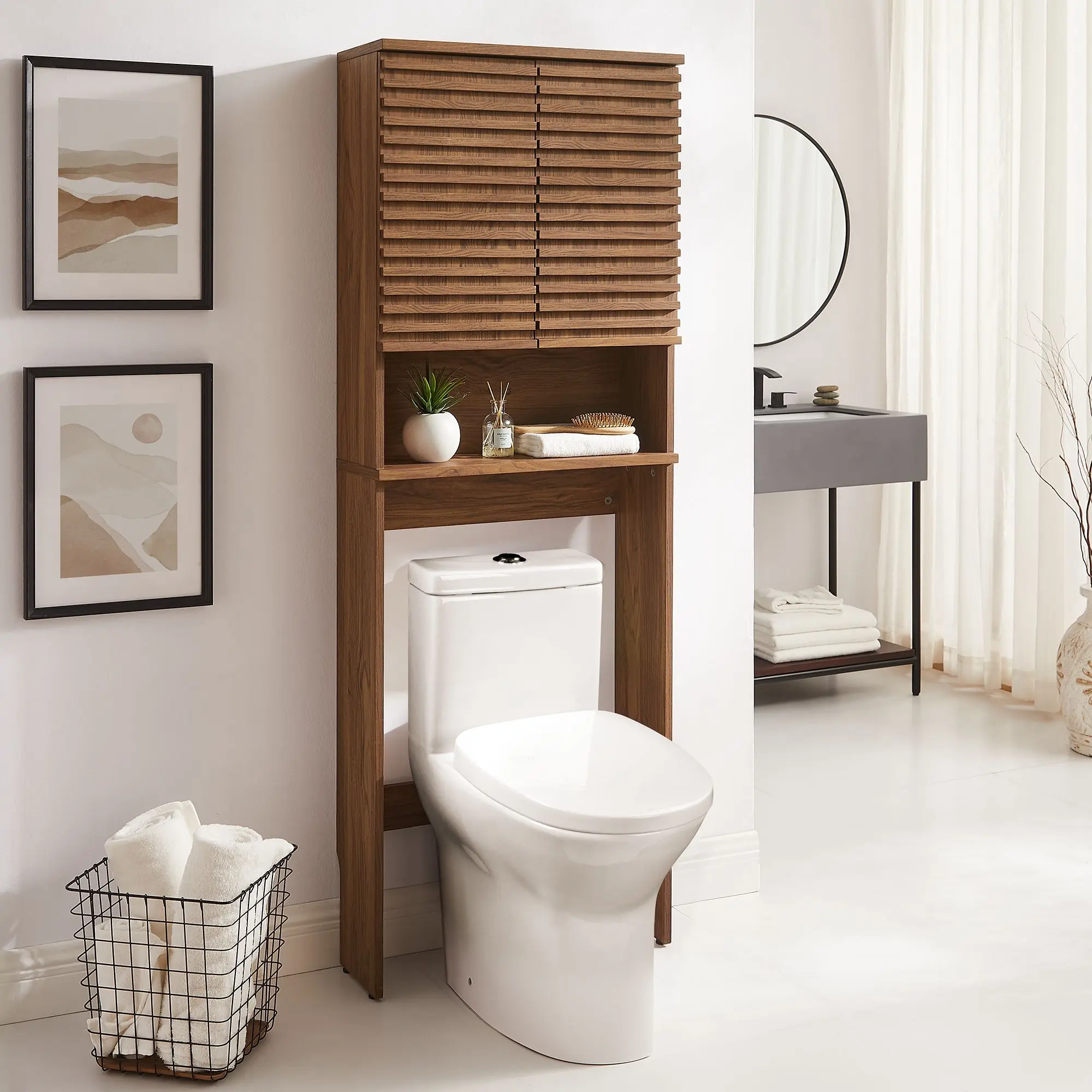 Modway Mid-Century Walnut Wood Over-the-Toilet Bathroom Storage Tower Cabinet with Adjustable Shelves, Floor Glides, Slatted Doors, Durable, Requires Assembly