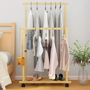 Heavy Duty Clothes Rail Double Layer Garment Hanging Display Stand Rack Wardrobe with Rolling Wheel Organiser Wood Bamboo Hanger