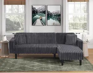 8041 2 pc Grey corduroy fabric sectional sofa reversible chaise folding backs sofa