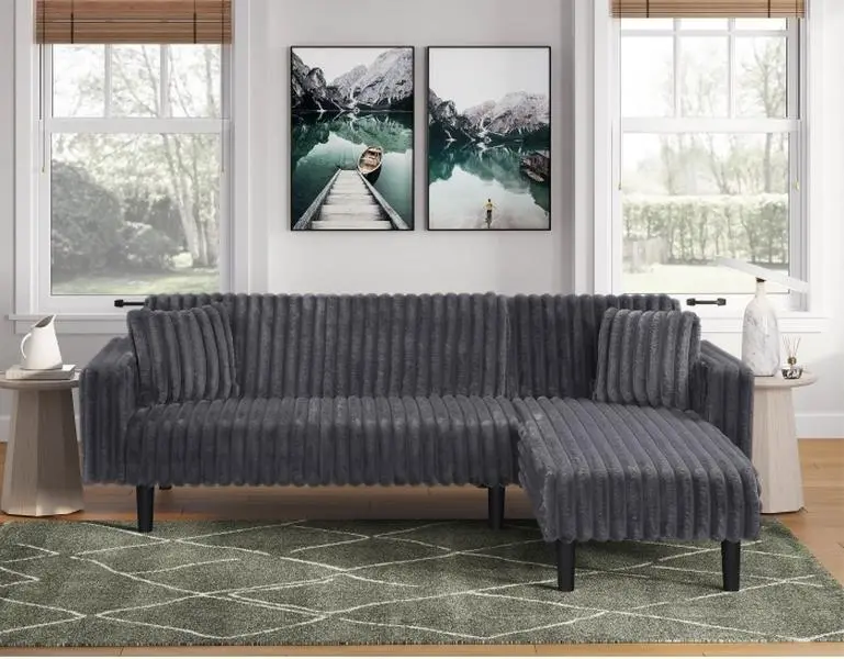 8041 2 pc Grey corduroy fabric sectional sofa reversible chaise folding backs sofa