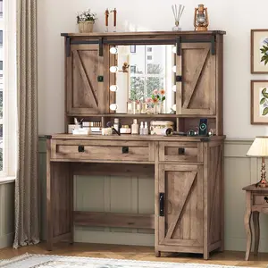 SIKAIC Brown Makeup Vanity with LED Mirror and Sliding Barn Doors, Rustic Dressing Table with Lights, Lighted Makeup Vanities for Bedroom