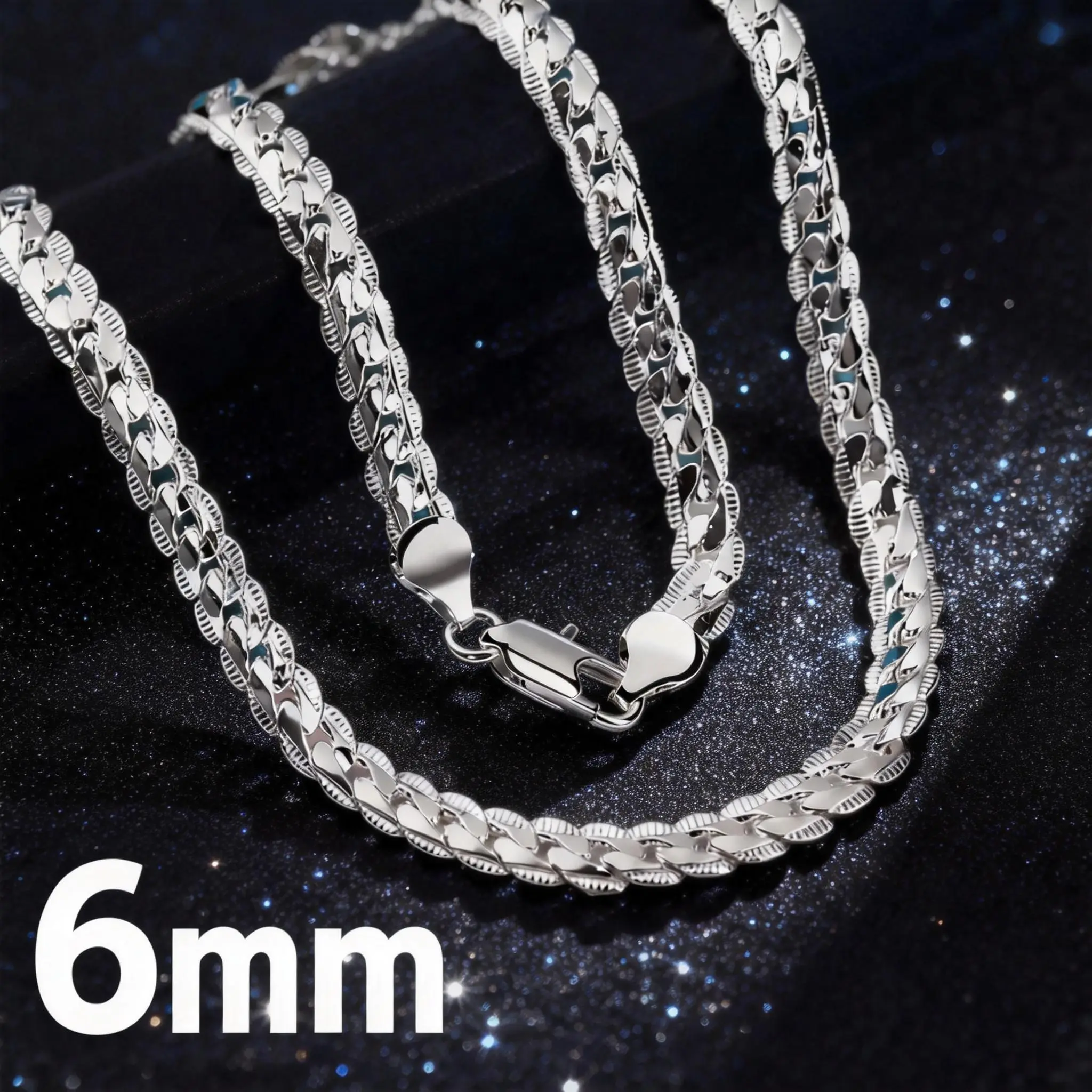 1-Piece Men's 925 Silver-Plated Side Snake Chain Accessory Necklace, 6mm Width, 20/22/24 Inches, Silver Color, Everyday Wear Gift for Men, One-Piece
