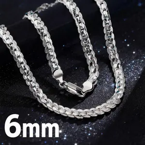 1pcs Men's 925 Silver Plated Fashion Necklace 6mm Chain 20/22/24 Inch Side Snake Chain Necklace Gift Silver Color for Man