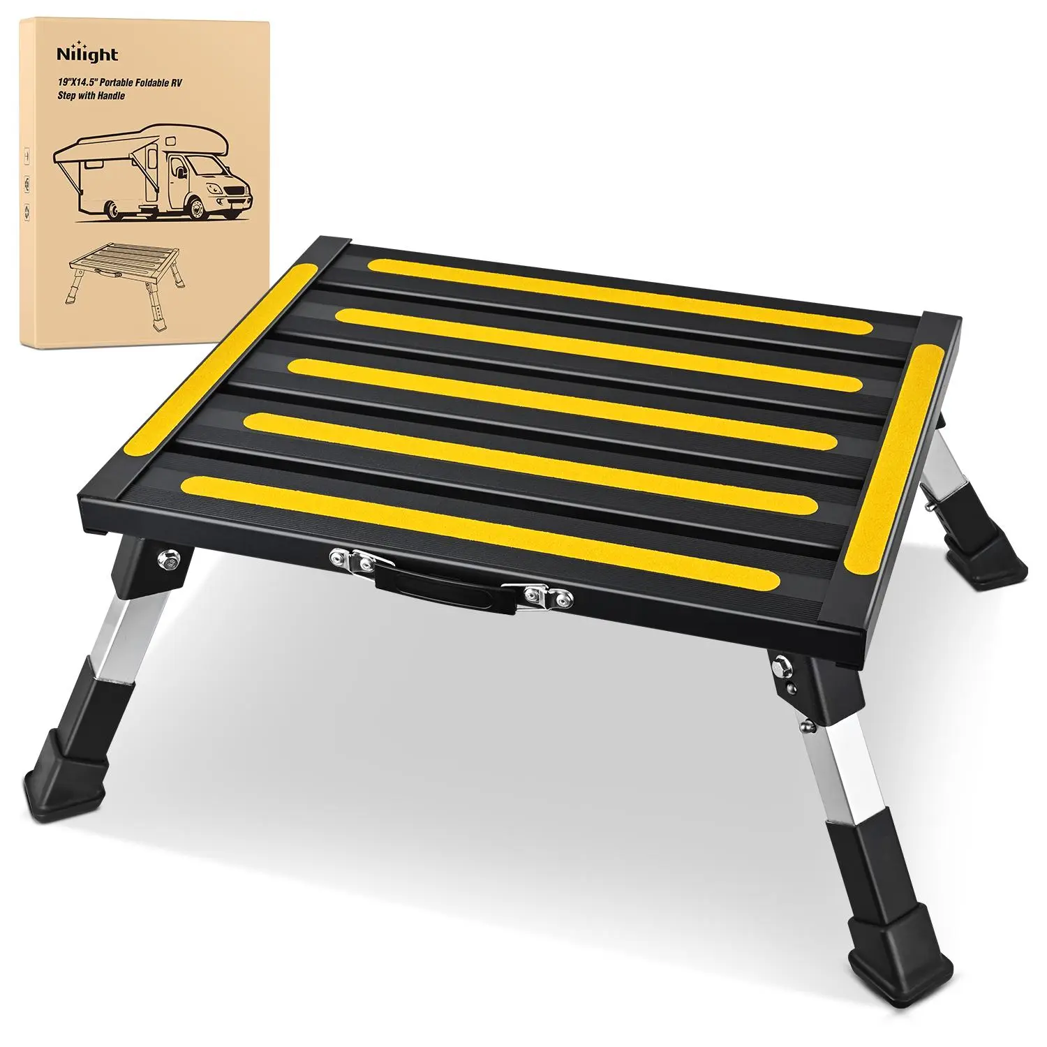 Nilight Aluminum Folding RV Step Stool - 4 Adjustable Heights, 19x14.5in Platform, Anti-Slip Surface, Rubber Feet, Portable Handle, Max Load Capacity 500lbs for Camper Trailer, Black, Heavy Duty