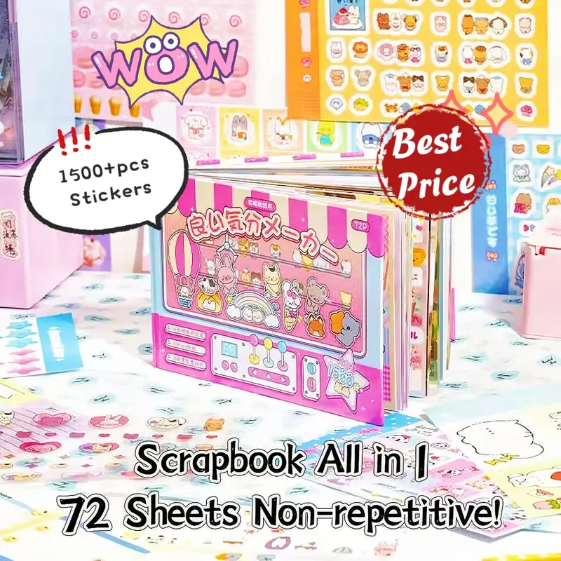 [72P All-In-1 Sticker Book] 1500+Stickers, 54 Sticker Sheets+18 Writable Paper | Kawaii Japanese Stickers, Cartoon Sticker Pack, Kawaii Stickerhaul | Perfect Gift for Girls, Journal Supplies, Sticker Decoration, Girly Handmade Crafts, Phonecase Stickers