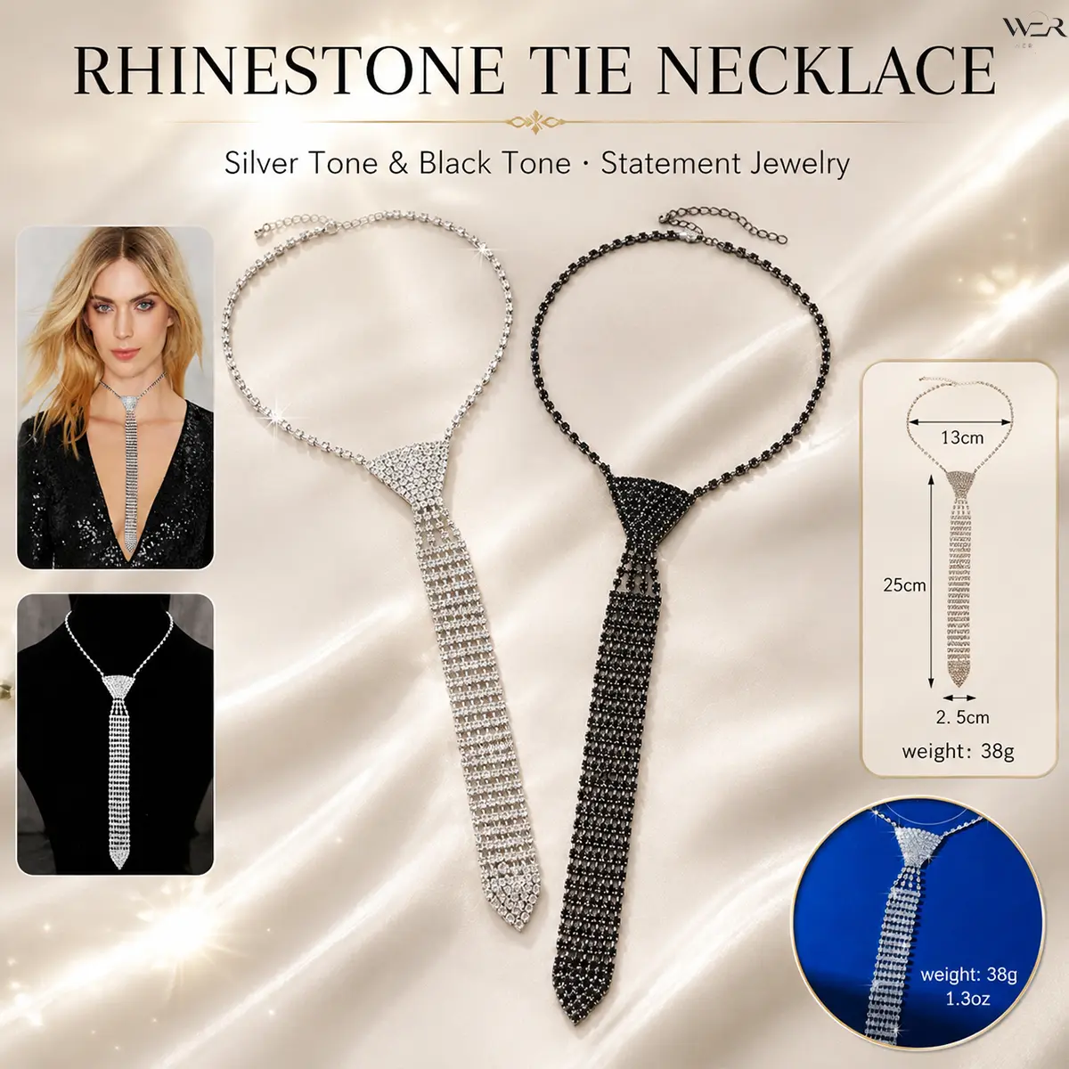 Rhinestone Tie Necklace Silver Black Tone Sparkling Elegant Lightweight Comfortable Versatile Feminine Jewelry for Women Girls Daily Wear Gift Idea Perfect Accessory