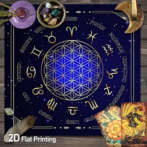 Astrology Altar Cloths Witchcraft with Zodiac Signs and Flower of Life Design Tarot Card Tablecloth for Crystal Healing Board Gaming Witchcraft Astrology Decoration Oracle Paper Mat Falling Games Dormitory Tarot Mat 2PC