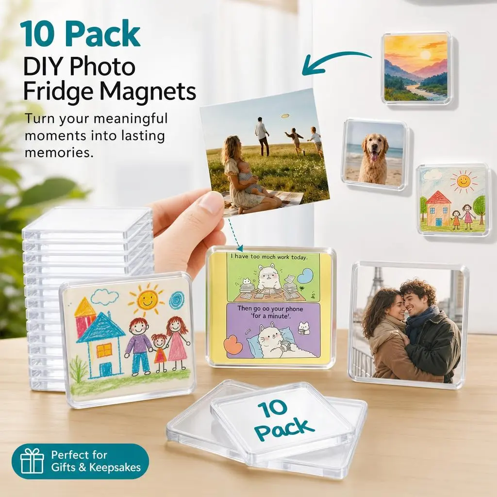 Magnetic Photo Frames Clear Acrylic DIY Fridge Magnets with Adhesive Backing – Square Magnets for Crafts, Kitchen, Classroom, Party & Office Decoration Back to School College Dorm Essentials