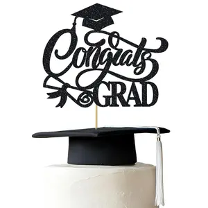1Pc Congrats Grad Cake Topper Glitter Diploma Graduation Cap Cake Pick for Graduation Theme High School Graduate Party Supplies