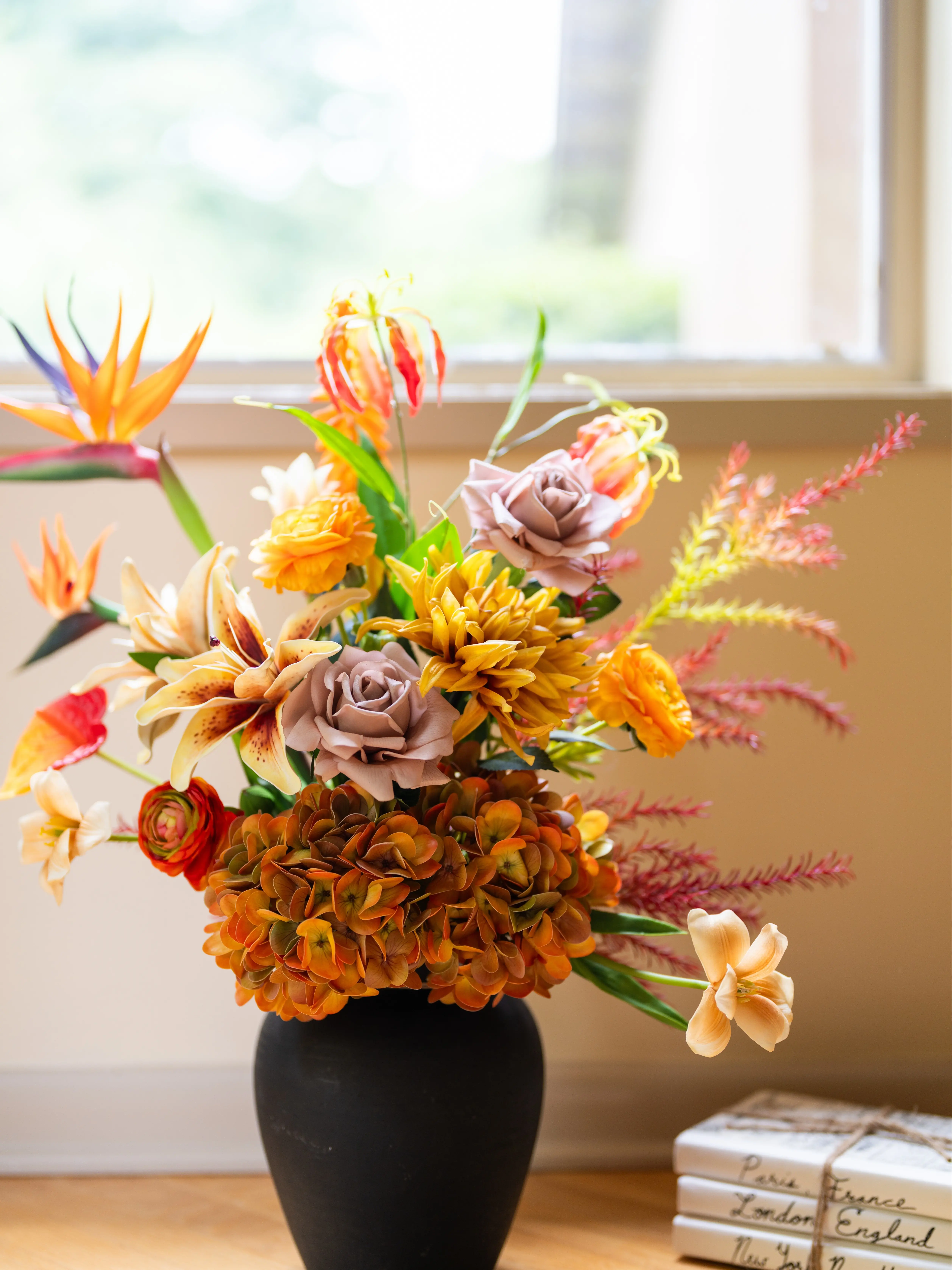 Luxury Faux Floral Arrangement, Tropical Designer Centerpiece, Real Touch Flowers, Black Vase