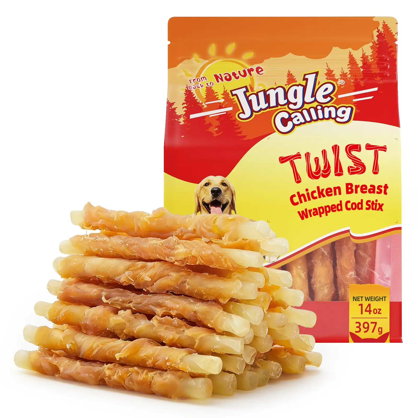 Jungle Calling Chicken Wrap Cod Sticks Rawhide-Free Dog Treats, 14-oz（397G） bag