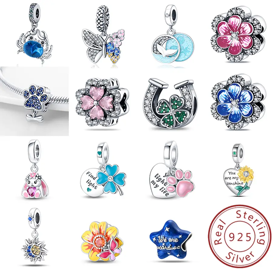 925 Silver Cute and Beautiful Series Lucky Talisman Bead Jewelry, DIY Jewelry 2025 Charm Bracelet Butterfly Pendant Flower Outdoor Flowers Outdoorfun
