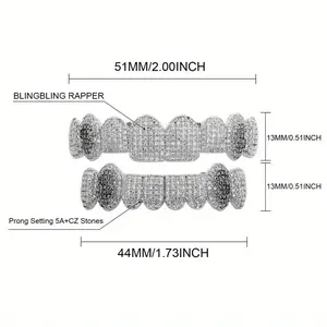 2pcs Punk Style Hip Hop 16 Teeth Top and Bottom Cubic Zirconia Teeth Grills Set - High-Quality, Durable, Comfortable Dental Accessories for Men and Women, Perfect for Dental Mouth, Cosplay, Rapper Jewelry