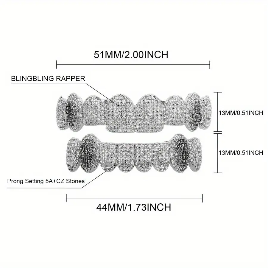 Cubic Zirconia Tooth Gem Grills Set, 16-Tooth Top & Bottom Hip Hop Rapper Jewelry, Punk Ste Cosplay Accessory for Men