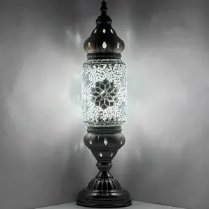 Ivory Elegance: White Rose Turkish Lamp with Cylindrical Mosaic