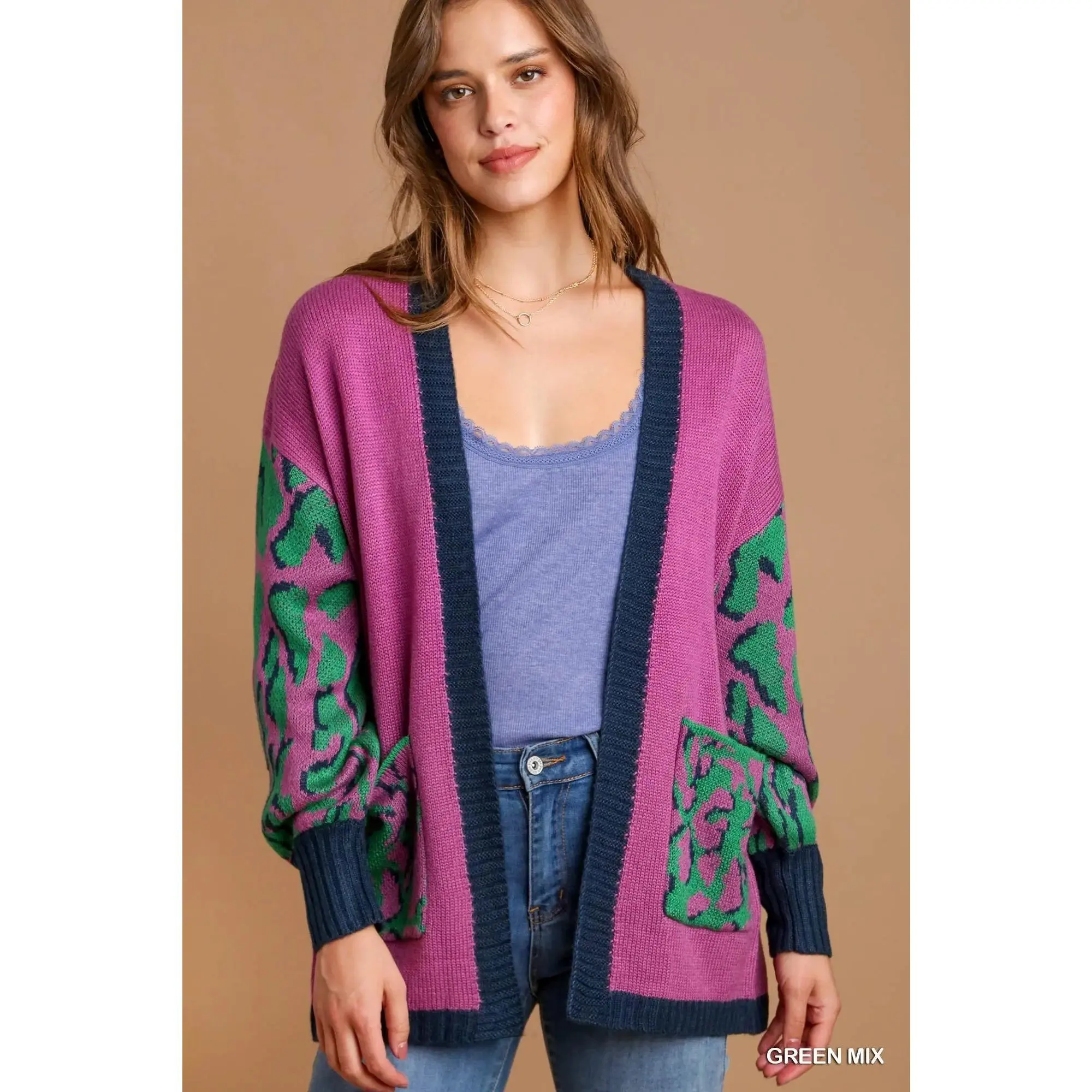 Umgee Animal Print Open Front Sweater Cardigan