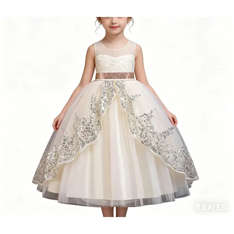 Princess Sequin Sleeveless Formal Gown Long Tulle Puffy Dress Performances and Presentations