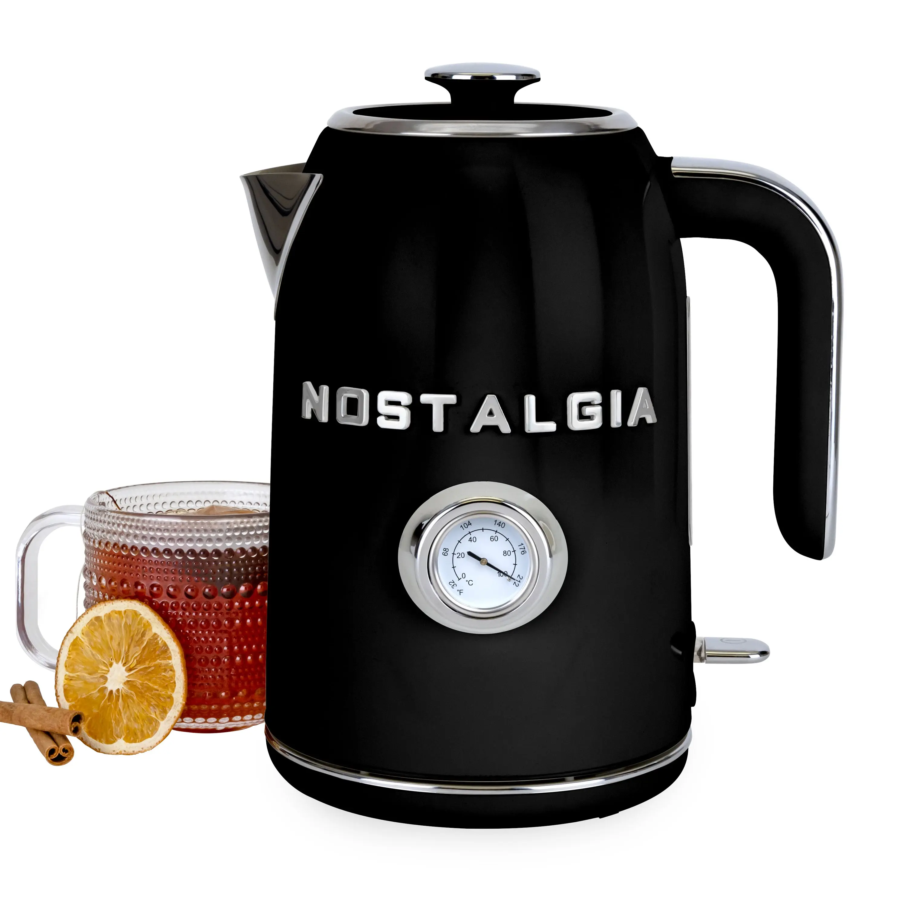 Nostalgia Retro Look Stainless Steel Electric Water Kettle - 1.7L Metal Body Kitchen Appliance, Quick Boils Water Function, Temperature Gauge