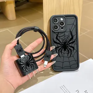 6-Piece Set High Bamboo Creative Spider Web Pattern Phone Case Charger Head Cover + Cable Protector + Storage Rope for iPhone Accessories