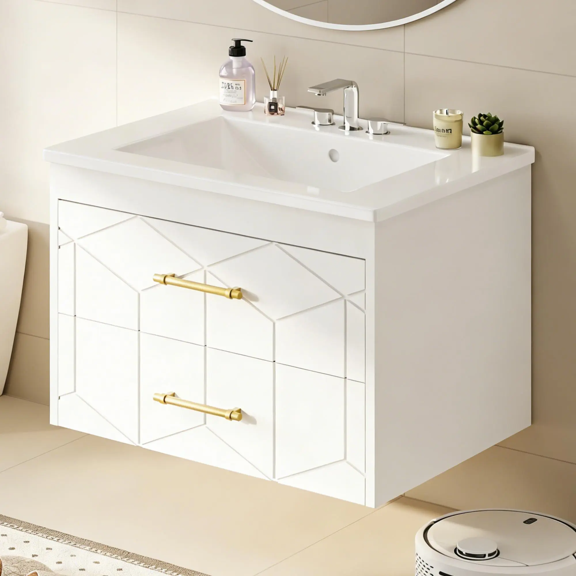 GAOMON 24-in Modern Floating Bathroom Vanity with Sink, Moisture-Res Ceramic Top, 2 Large Storage Drawers with Gold Metal Handles, Easy-to-Assemble White Indoor Furniture Cabinet