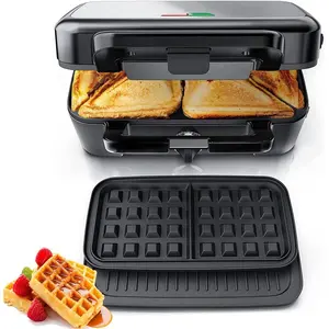 Waffle Maker 3 in 1 Sandwich Maker 1200W Panini Press With Removable Plates and 5-gear Temperature Control, Non-stick Coating Easy to Clean, Lights, /Black