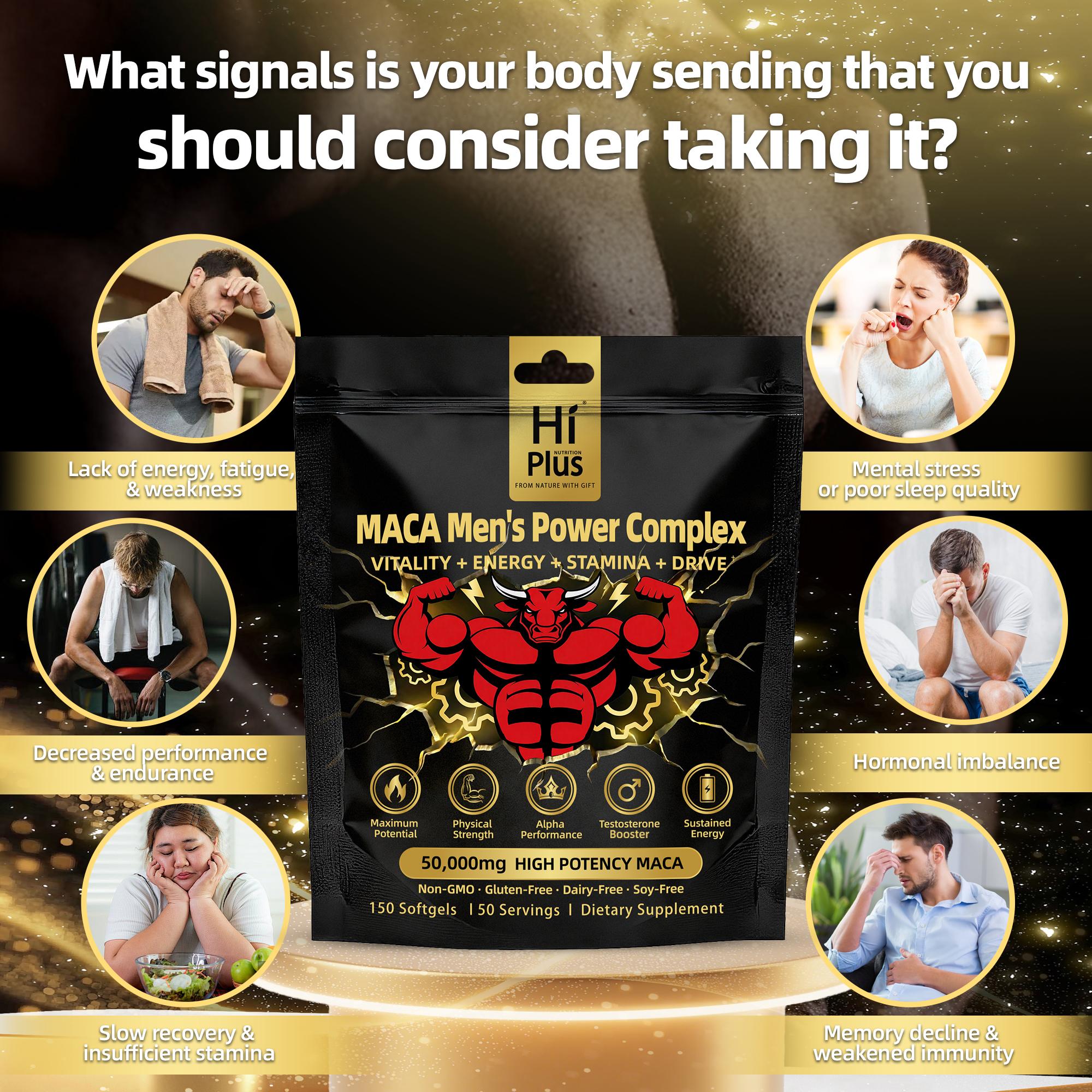 HiPlus Men‘s Testosterone Boosters Power Complex Support  with Shilajit,Maca,Ashwagandha & Ginseng | Energy, Stamina & Focus - Supports Testosterone 150/300 Softgels
